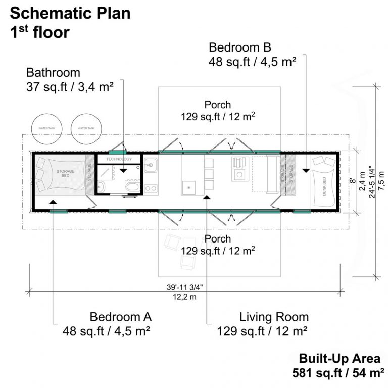 40ft Shipping Container House Floor Plans with 2 Bedrooms