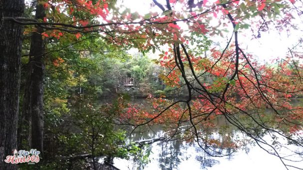 wooden cabin by lake