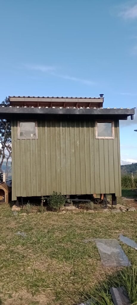 Tiny cabin exterior with green wooden siding built off grid