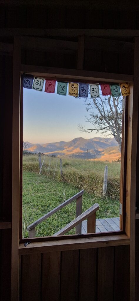 Mountain view from tiny cabin window in off-grid location