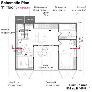 Two 20ft Shipping Containers House Floor Plans with 2 Bedrooms